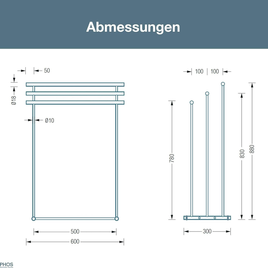 PHOS Edelstahl Design, HTB3, Handtuchständer freistehend mit 3 Querstangen aus Edelstahl matt geschl