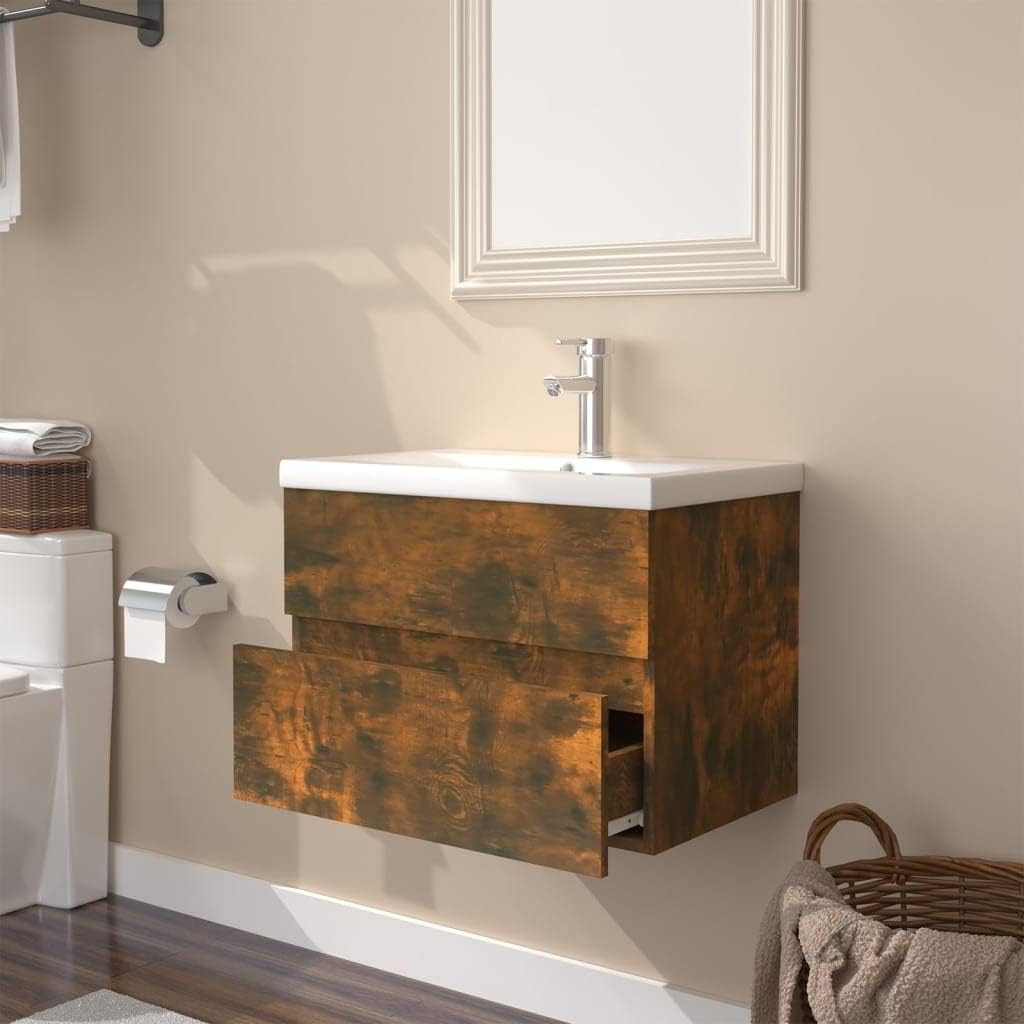 WIFESE Waschbeckenschrank mit Einbaubecken 61x39,5x18,5 cm Räuchereiche Holzwerkstoff Waschtischunte