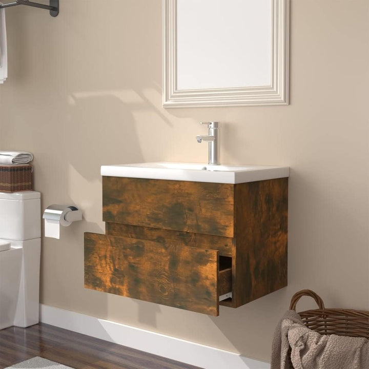WIFESE Waschbeckenschrank mit Einbaubecken 61x39,5x18,5 cm Räuchereiche Holzwerkstoff Waschtischunte