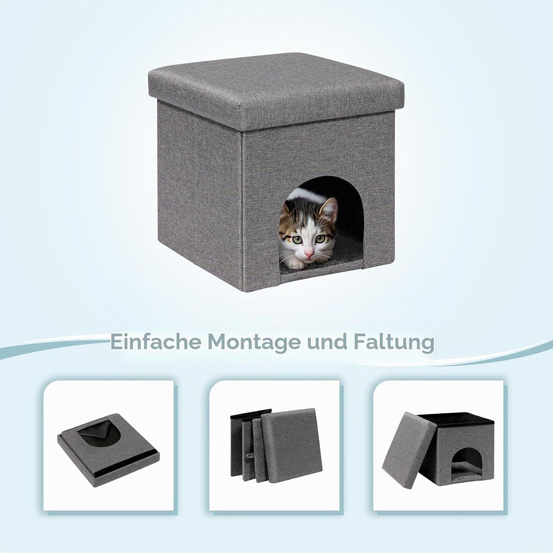 PINPLUS Katzenhöhle mit Kissen, Faltbares Katzenhaus – Stabiler Würfel mit Abnehmbarem Deckel, Gemüt