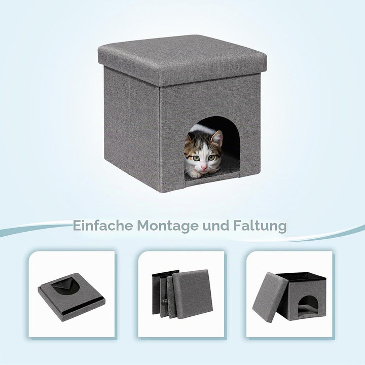PINPLUS Katzenhöhle mit Kissen, Faltbares Katzenhaus – Stabiler Würfel mit Abnehmbarem Deckel, Gemüt
