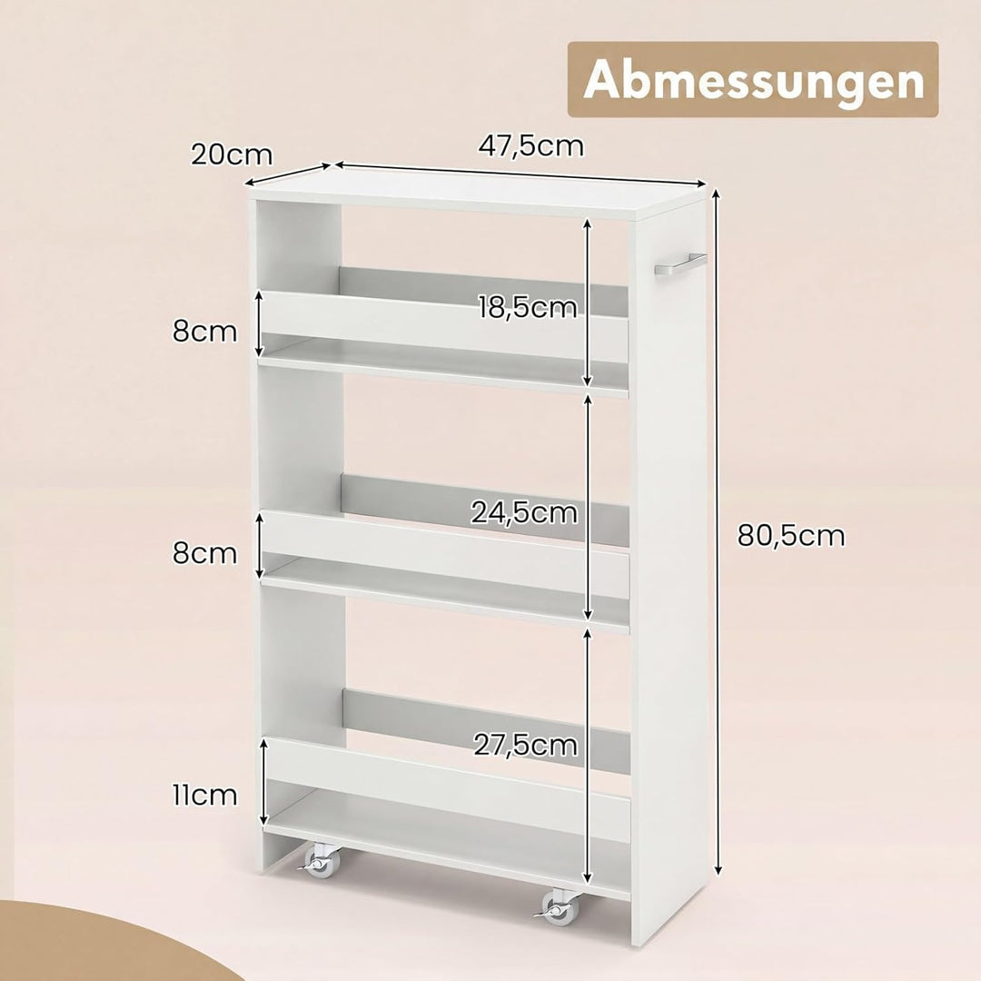 COSTWAY Nischenwagen 20cm breit, 4 Etagen Küchenwagen schmal, Nischenregal auf Rollen, Servierwagen