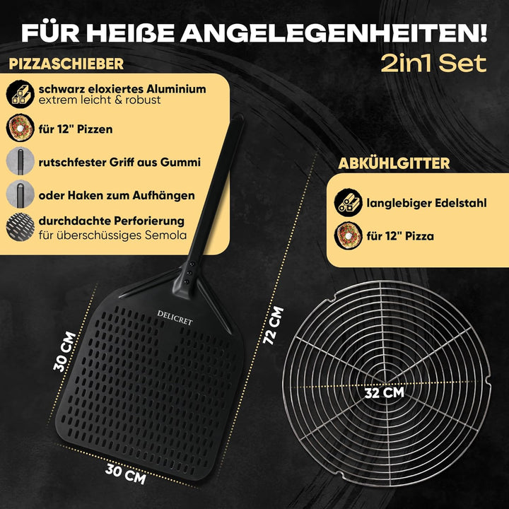 DELICRET „Black Line“ Pizzaschieber 12"/Ø30 – 30×30×72 cm inkl. Ø 32 cm Abkühlgitter für extra knusp