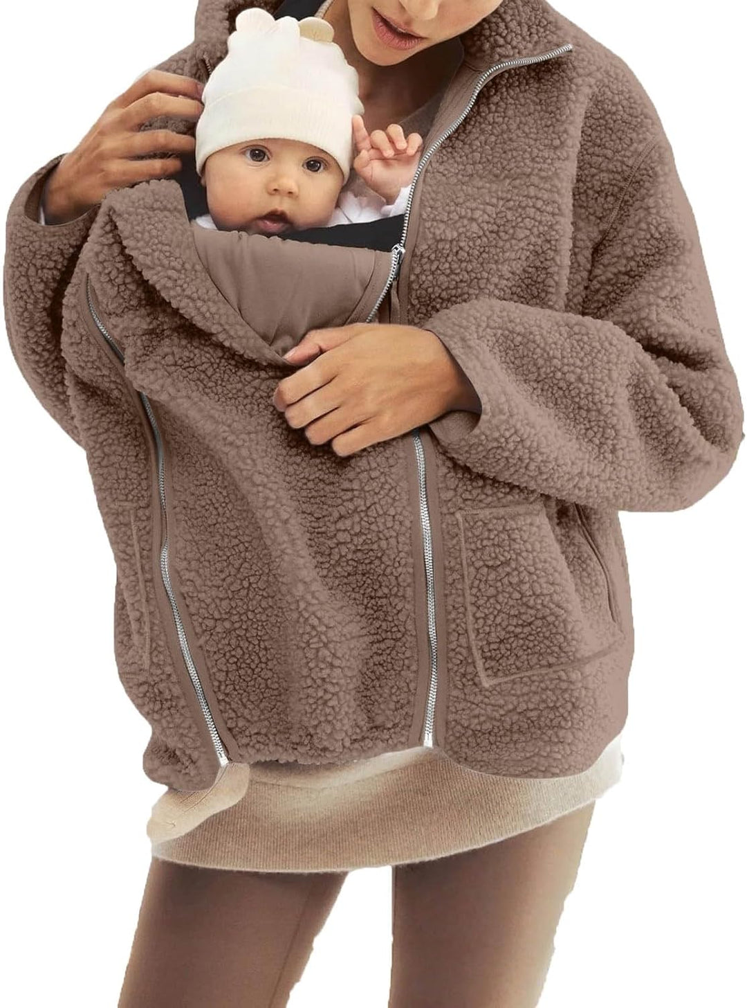 SYDUZAX Umstandsjacke mit Babyeinsatz Warm Teddy Fleecejacke Umstands Baumwolljacke Winter Umstandsm
