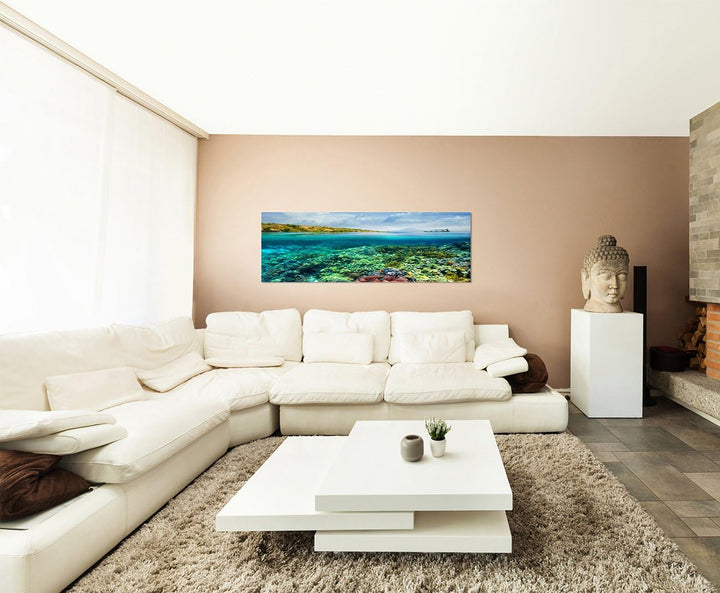 Paul Sinus Art Panoramabild auf Leinwand und Keilrahmen 150x50cm Meer Korallenriff Boot Vulkan Wolke