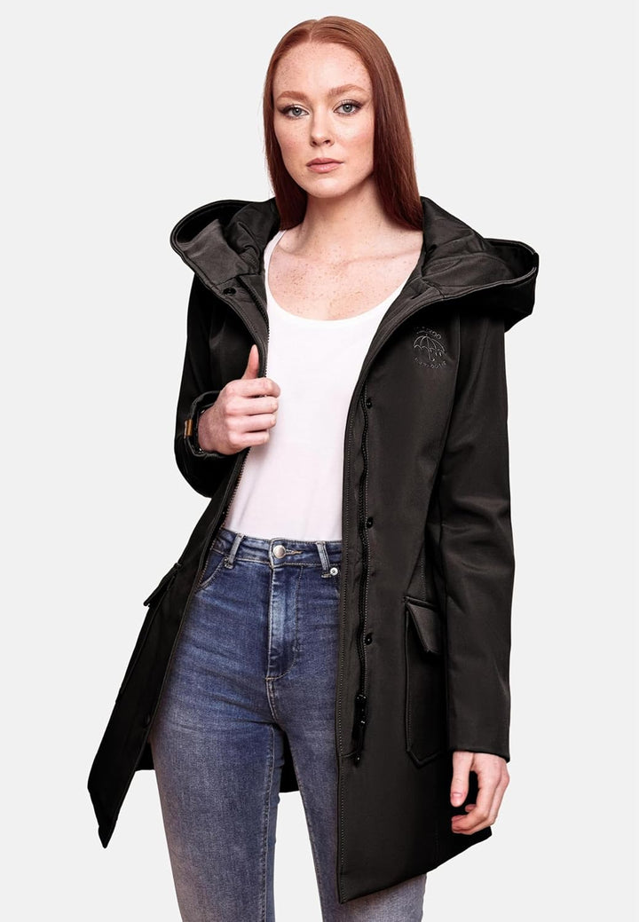 MARIKOO Damen Softshell Jacke Winterjacke wasserabweisend Outdoor lang B856 XS Schwarz, XS Schwarz