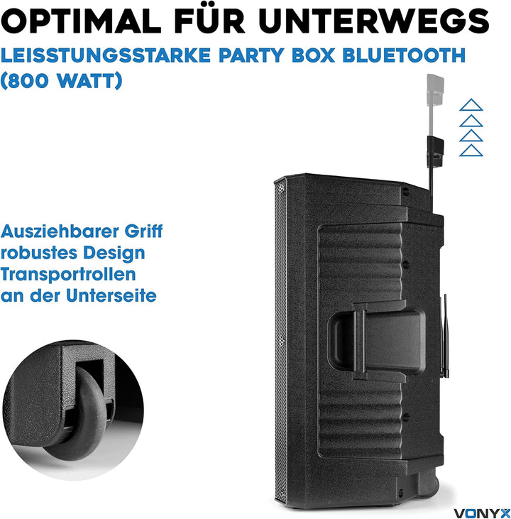 Vonyx VSA500-BP Partybox Bluetooth Lautsprecher Gross, 800 Watt, Akku 8 Std. Headset mit Ansteckmikr