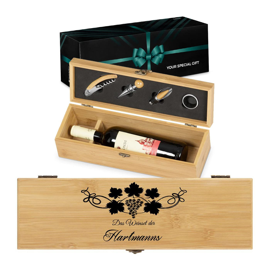 Maverton Weinbox für 0,7L Weinflasche - Wein Holzbox personalisiert + 4er Weinzubehör - Weinset Wein