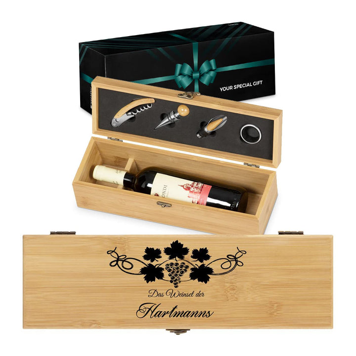 Maverton Weinbox für 0,7L Weinflasche - Wein Holzbox personalisiert + 4er Weinzubehör - Weinset Wein