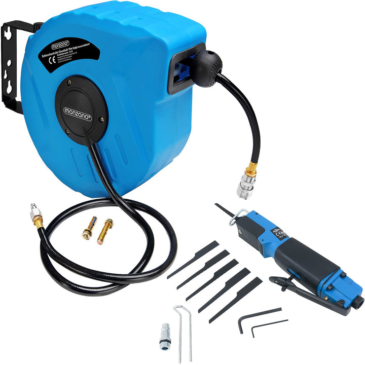 MONZANA® Druckluftschlauch Aufroller automatisch 10m 1/4' Schlauchtrommel inkl. Karosseriesäge 6 Säg