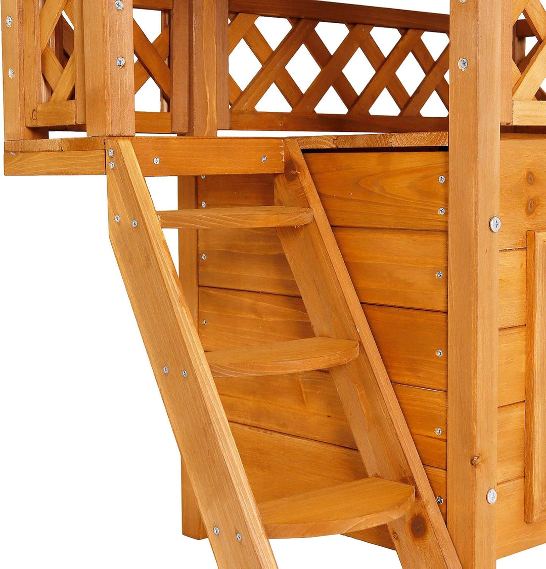 lionto Katzenhaus mit Terrasse und Treppe, Outdoor Lodge für Katzen aus robustem Holz bietet Schutz
