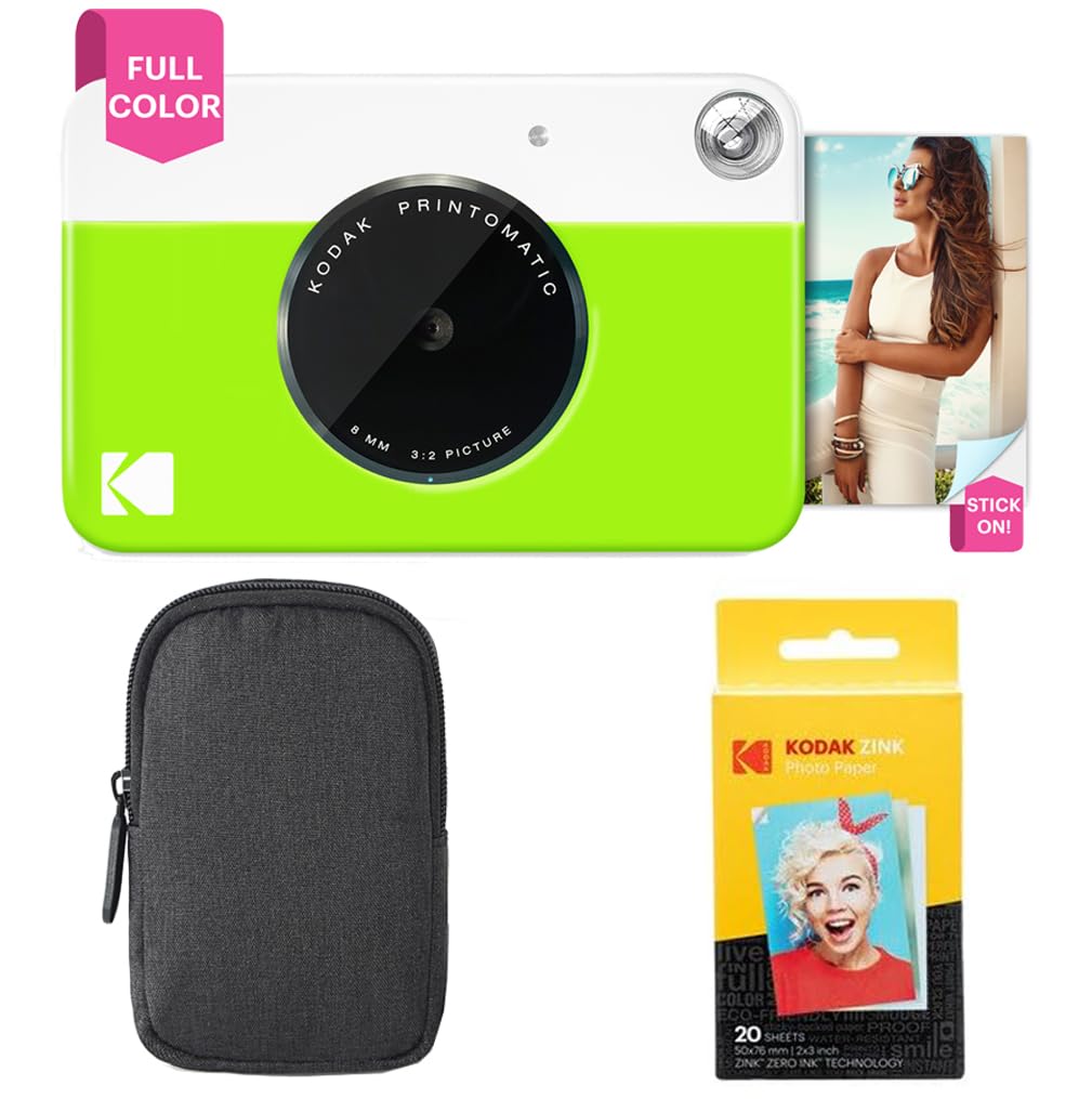 KODAK Printomatic Sofortbildkamera (Grün) Basis-Paket + Zinkpapier (20 Blätter) Etui + Bequemer Hals