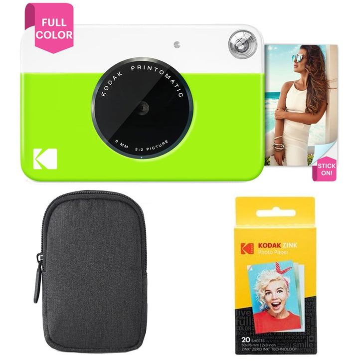 KODAK Printomatic Sofortbildkamera (Grün) Basis-Paket + Zinkpapier (20 Blätter) Etui + Bequemer Hals
