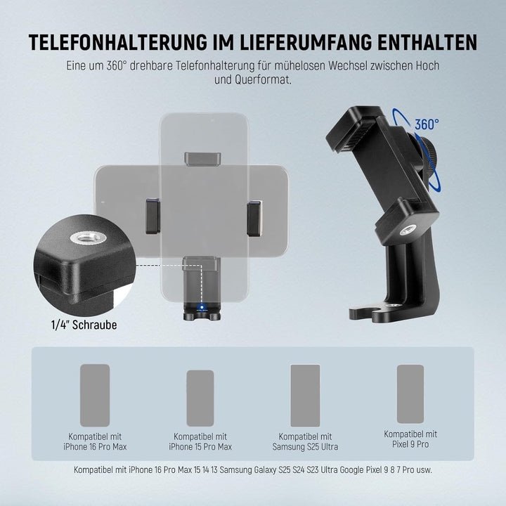 NEEWER Basics Kamera Stativ, 71'' Tripod mit Handyhalterung, kompatibel mit iPhone für Videoaufnahme