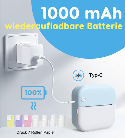 Korffe Mini Drucker für Smartphone with 7 Rollen Druckerpapier, Wireless Sticker Drucker Kompatibel