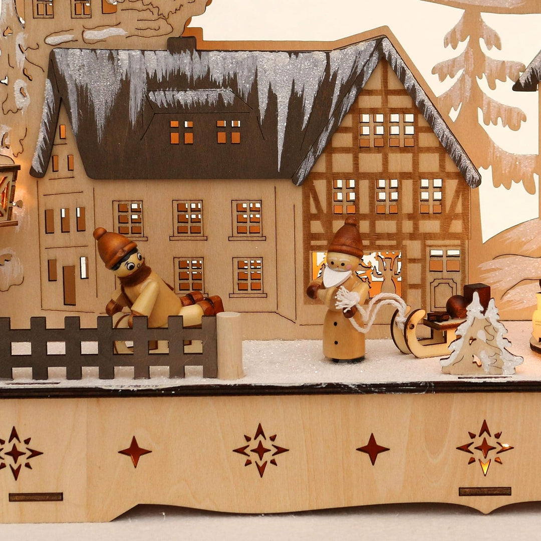 Dekohelden24 LED Holz Schwibbogen mit bewegtem Weihnachtsbaum, Motiv: Weihnachtsmann und Schneekinde