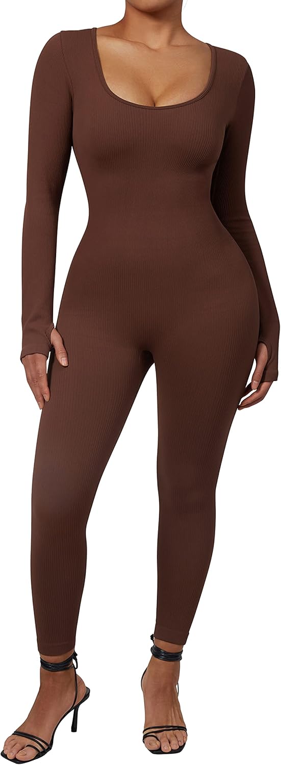 RXRXCOCO Gerippte Langarm Jumpsuits Damen Eng Square Neck Einteiler Bauchweg Sport Yoga Overall Romp
