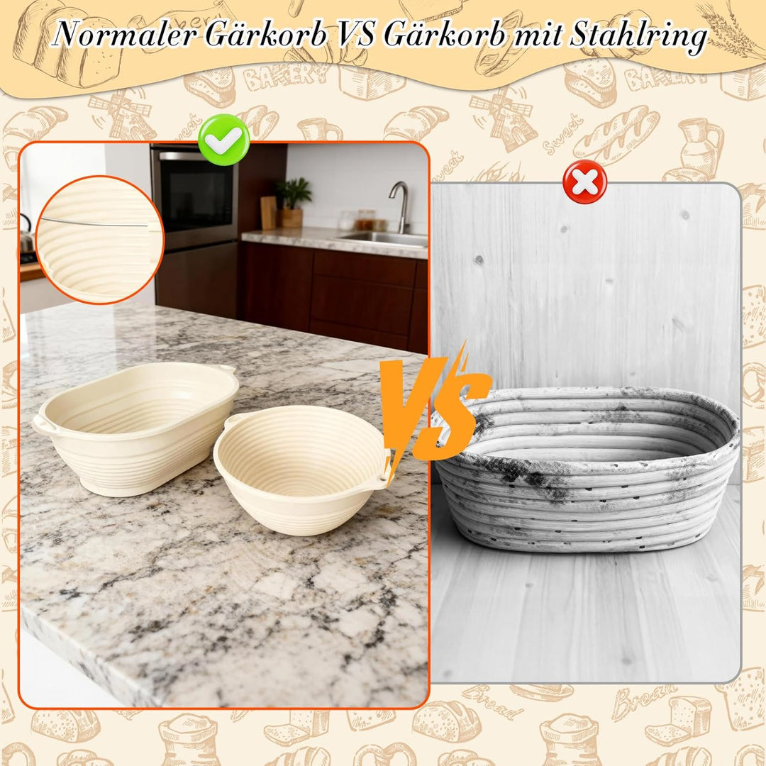 Gärkörbchen Set,13-Teilig Sauerteig Starter Set,28 cm Gärkörbchen Oval und 25 cm Gärkorb Rund aus Si