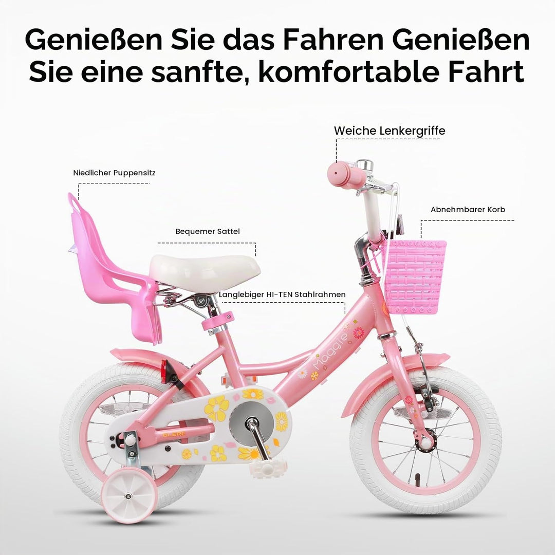Glerc Maggie 12 14 16 Zoll KinderFahrrad für 2-7 Jahre Mädchenfahrrad alt mit Puppe-Sitz &amp; Stützräde