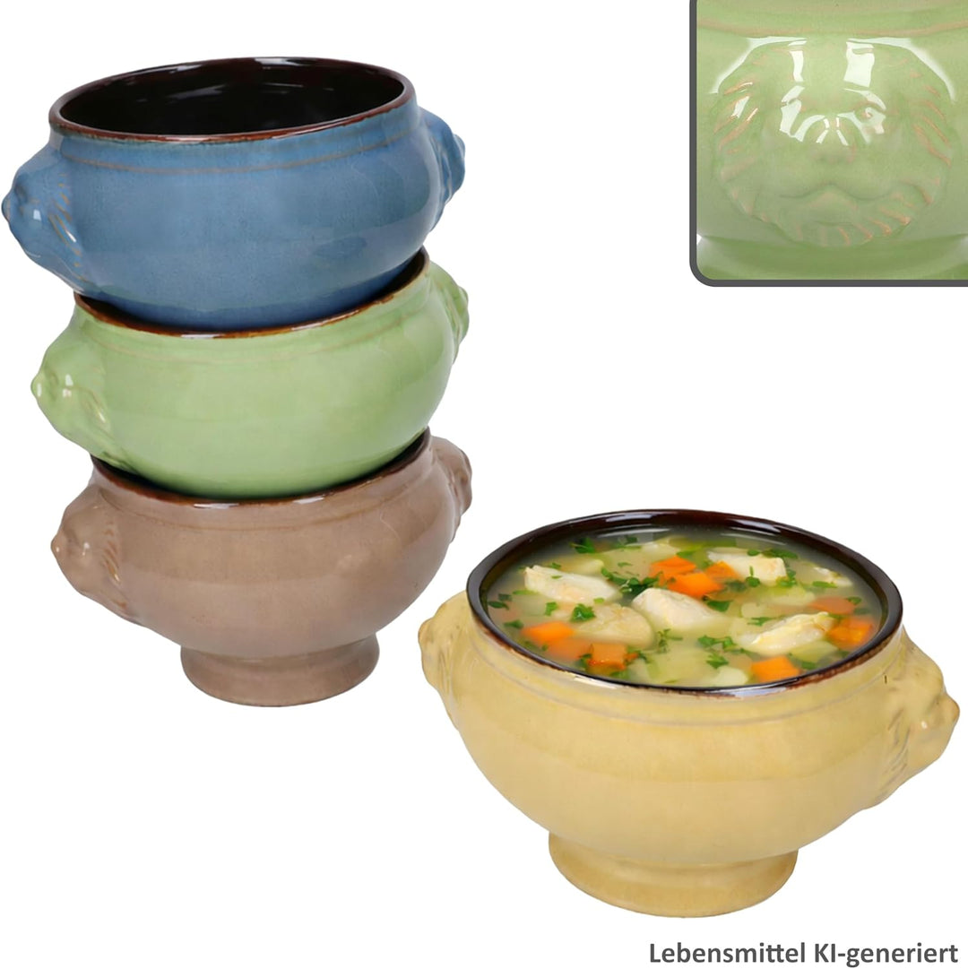 MamboCat 4er Set Löwenkopf Suppentassen I 400ml, 0,4L I je 1x Gelb, Grün, Blau & Braun I Suppenterri