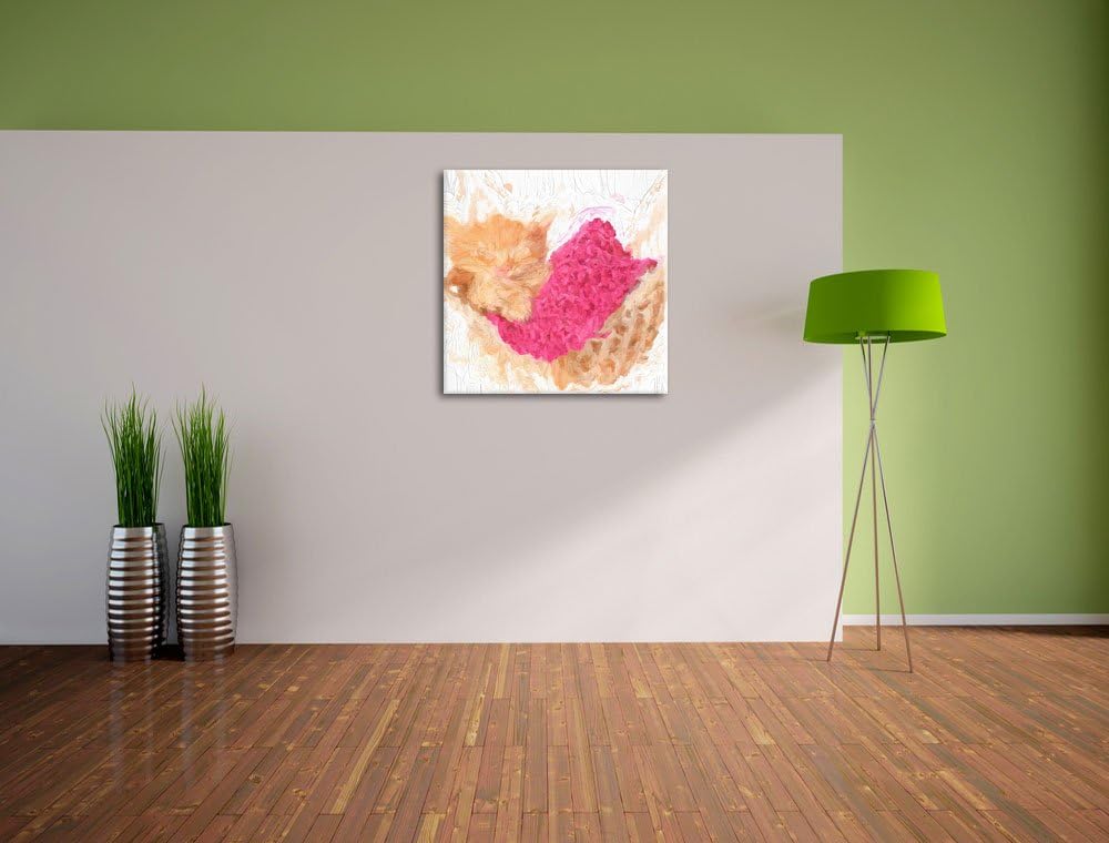 Pixxprint Schlafendes Katzenbaby in Hängematte Pinsel Effekt, Format: 70x70 auf Leinwand, 70x70