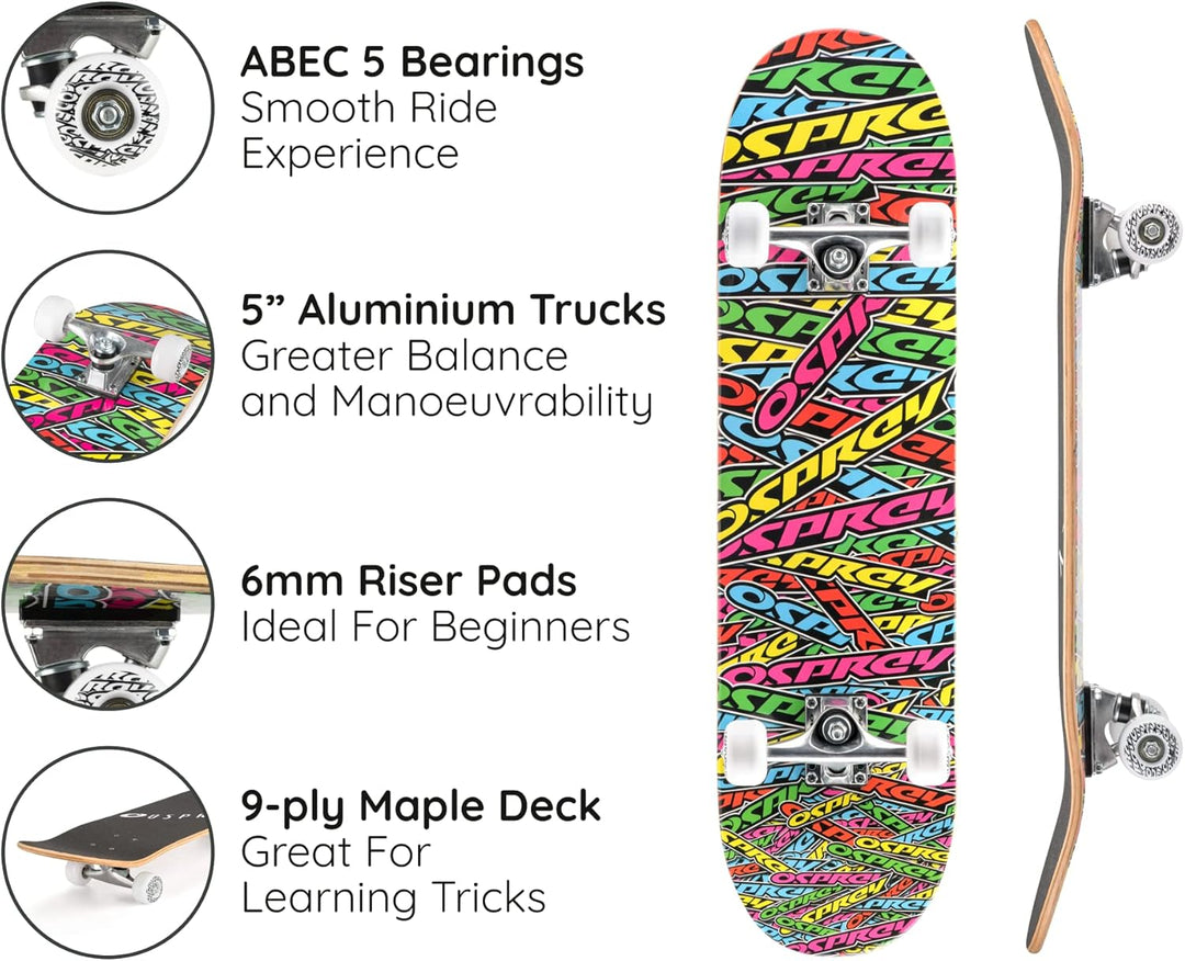 Osprey Absolute Anfänger Double Kick Trick Skateboard, 78,7 x 20,3 cm, Ahorndeck Mehrfarbig, Mehrfar