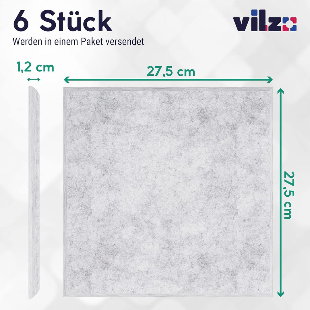 vilz 6 Stück Akustik Panel Schallabsorber aus recyceltem Filz - Akustikplatten Schalldämmung 275x275