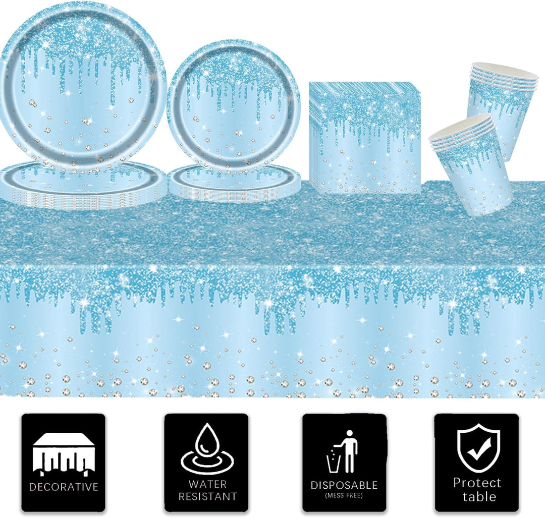 Hellblau Partygeschirr,81 Stück Baby Blau Diamant Pappteller Set Pappteller, Pappbecher,Servietten u