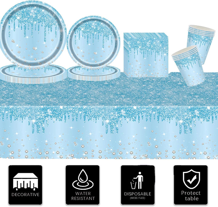 Hellblau Partygeschirr,81 Stück Baby Blau Diamant Pappteller Set Pappteller, Pappbecher,Servietten u