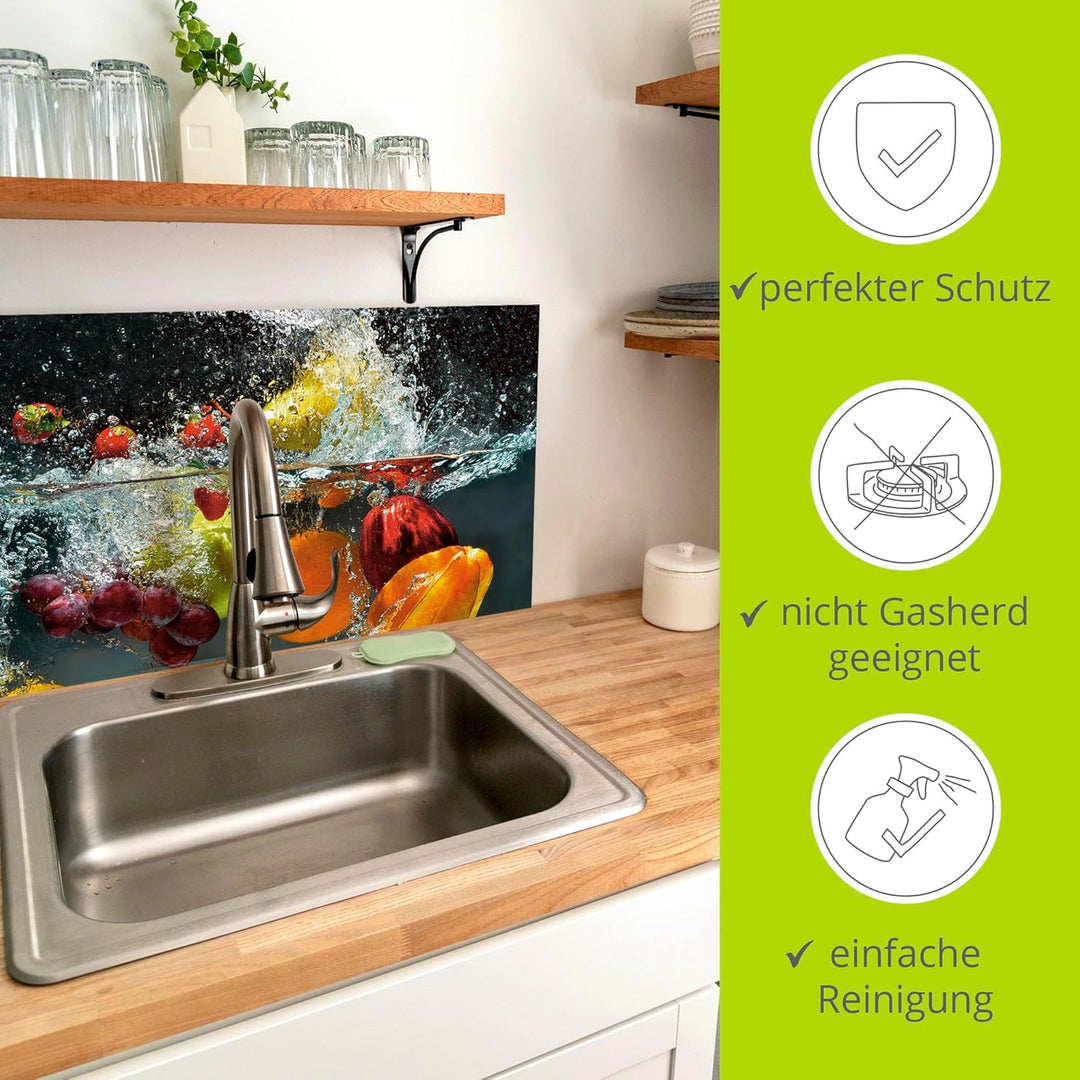 ARTland Spritzschutz Küche aus Alu für Herd Spüle 100x55 cm (BxH) Küchenrückwand mit Motiv Essen Obs