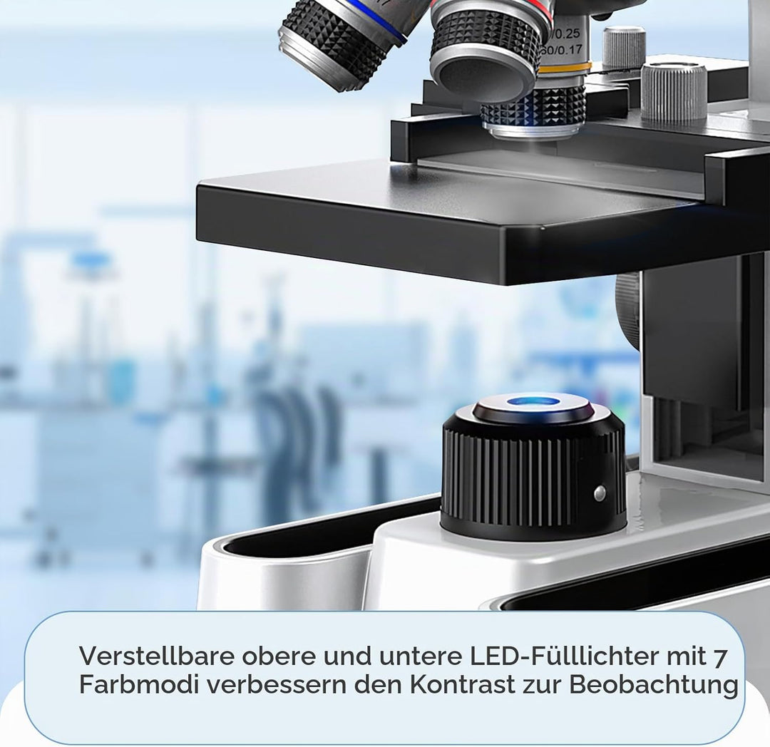 Binokular Mikroskop für Erwachsene, 40X-1600X Vergrösserung mit dualer LED-Beleuchtung, Biologisches