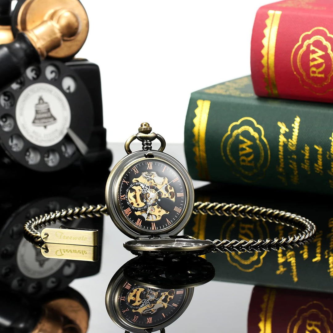 TREEWETO Unisex Mechanische Tintenfisch Taschenuhren für Herren Skelett römische Ziffern Taschenuhr
