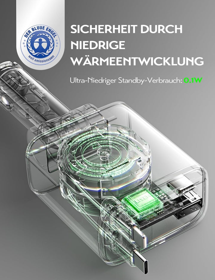 LISEN 69W Einziehbares Zigarettenanzünder USB C Schnellladegerät Ladegerät Auto Retractable ladekabe