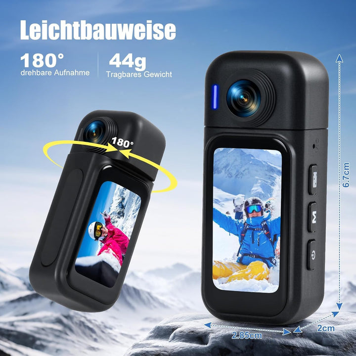 Action Cam Mit Touchscreen, 8-Stunden-Akku, Mini POV Bodycam, Wasserdicht 30M, 120° Weitwinkel, WLAN