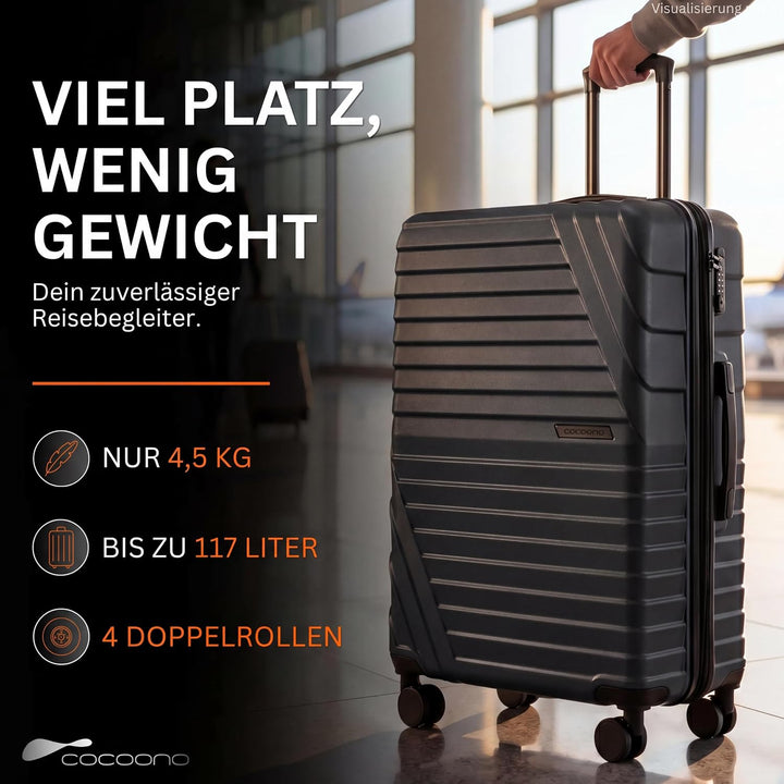 Cocoono Hartschalenkoffer XL Gross - 100L Volumen - 158cm Gurtmass - 8 Rollen 360° drehbar - Leichte