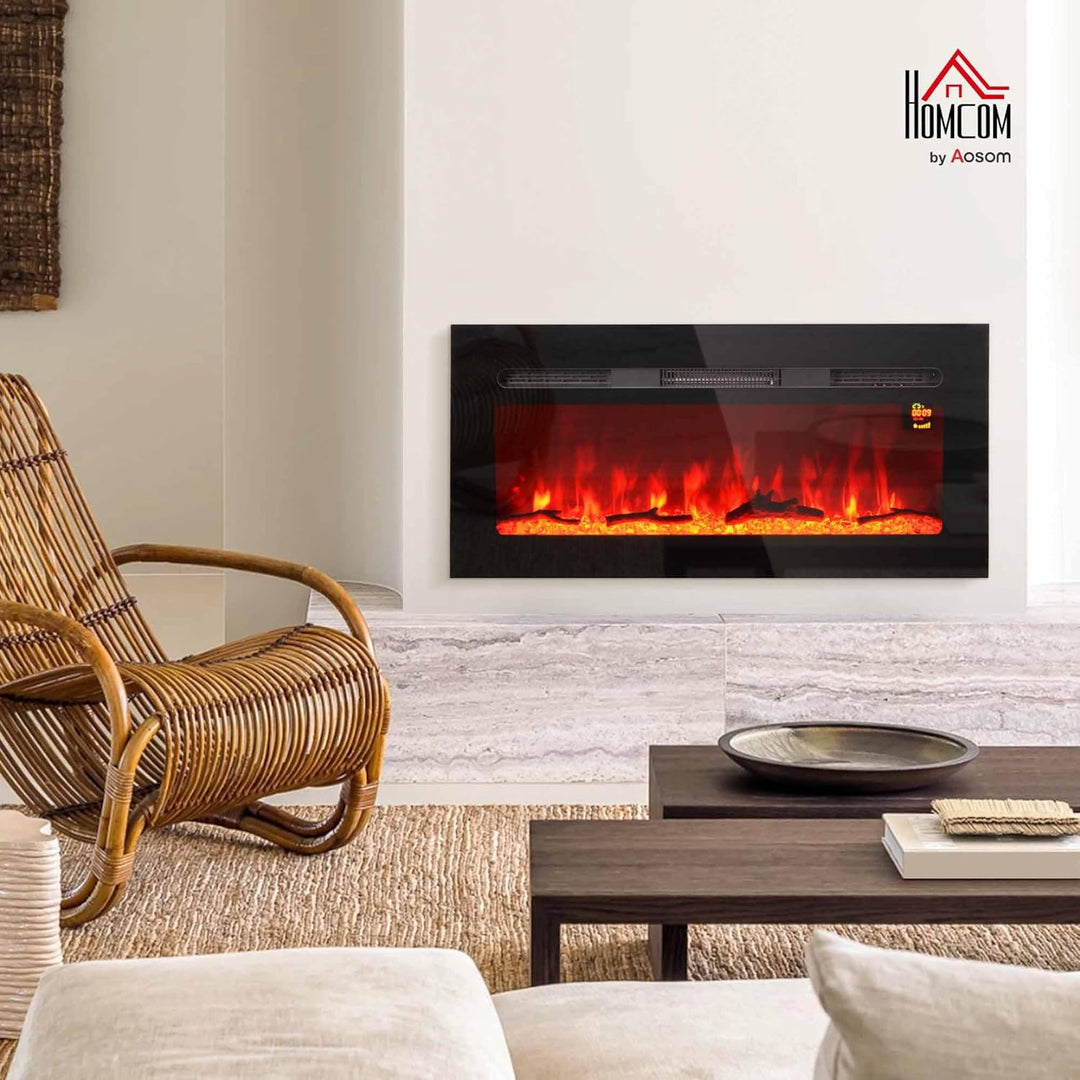 HOMCOM Elektrokamin, Wandkamin mit Heizung 1800 W, LED 3D-Flammeneffekt, Kristalle, in 3 Farben mit