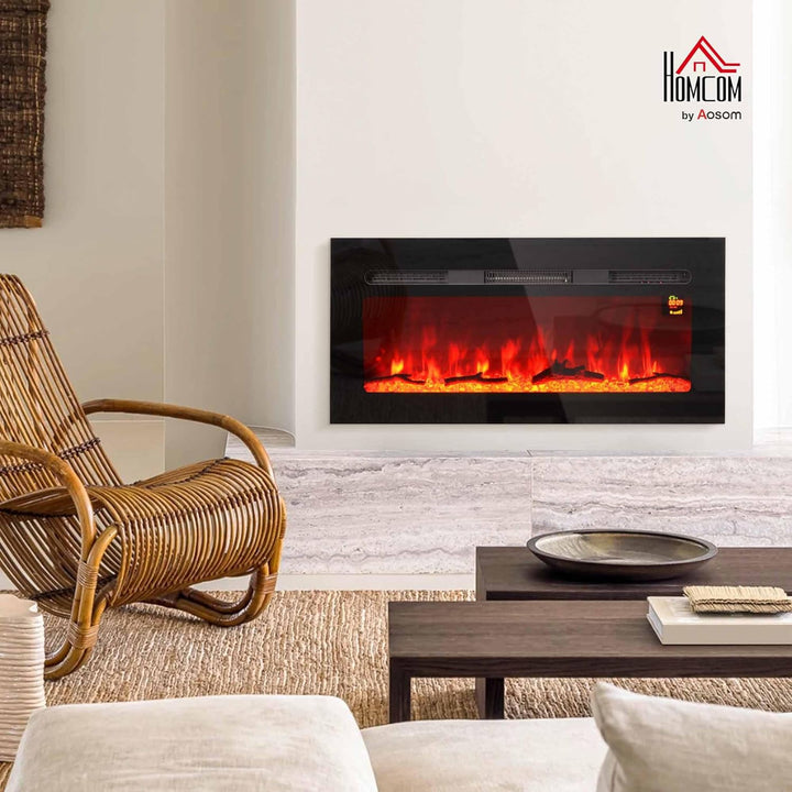 HOMCOM Elektrokamin, Wandkamin mit Heizung 1800 W, LED 3D-Flammeneffekt, Kristalle, in 3 Farben mit