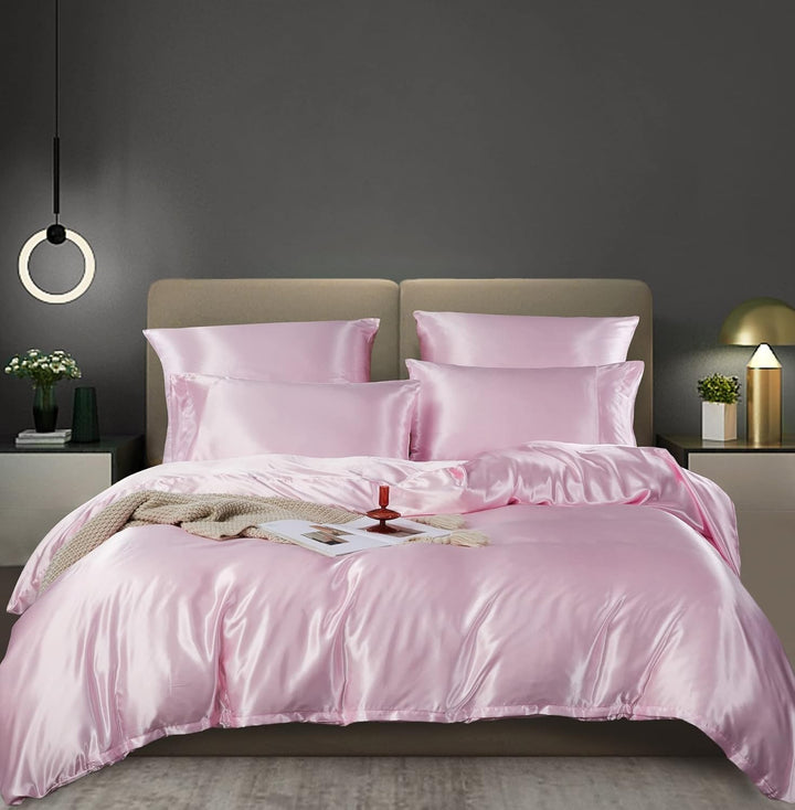 Luofanfei Bettwäsche 135x200 cm 4teilig Rosa Satin Glänzend Seiden Glatt Bettwäsche-Sets Pink Uni He