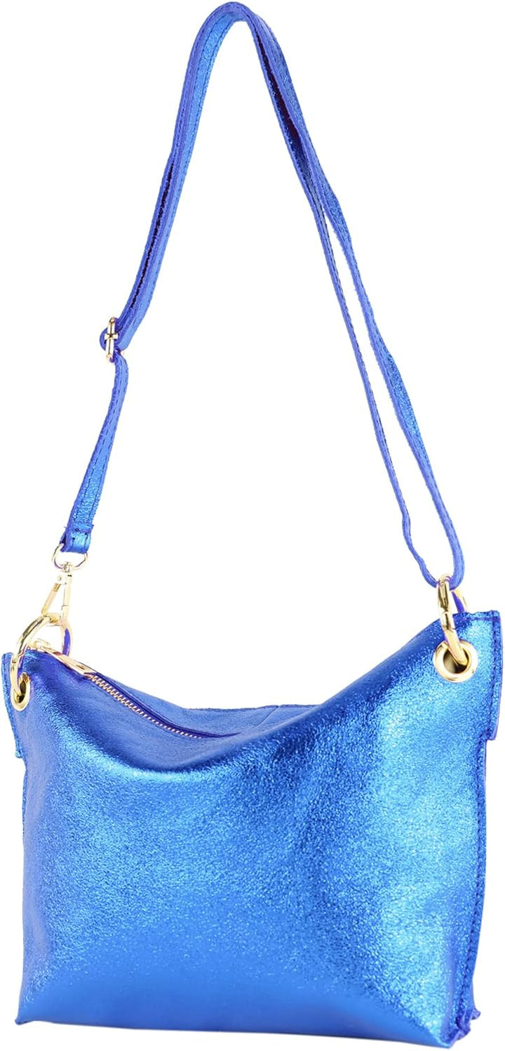 modamoda de T243 Damen Leder Umhängetasche Schultertasche handmade in Italy Blau-metallic, Blau-meta