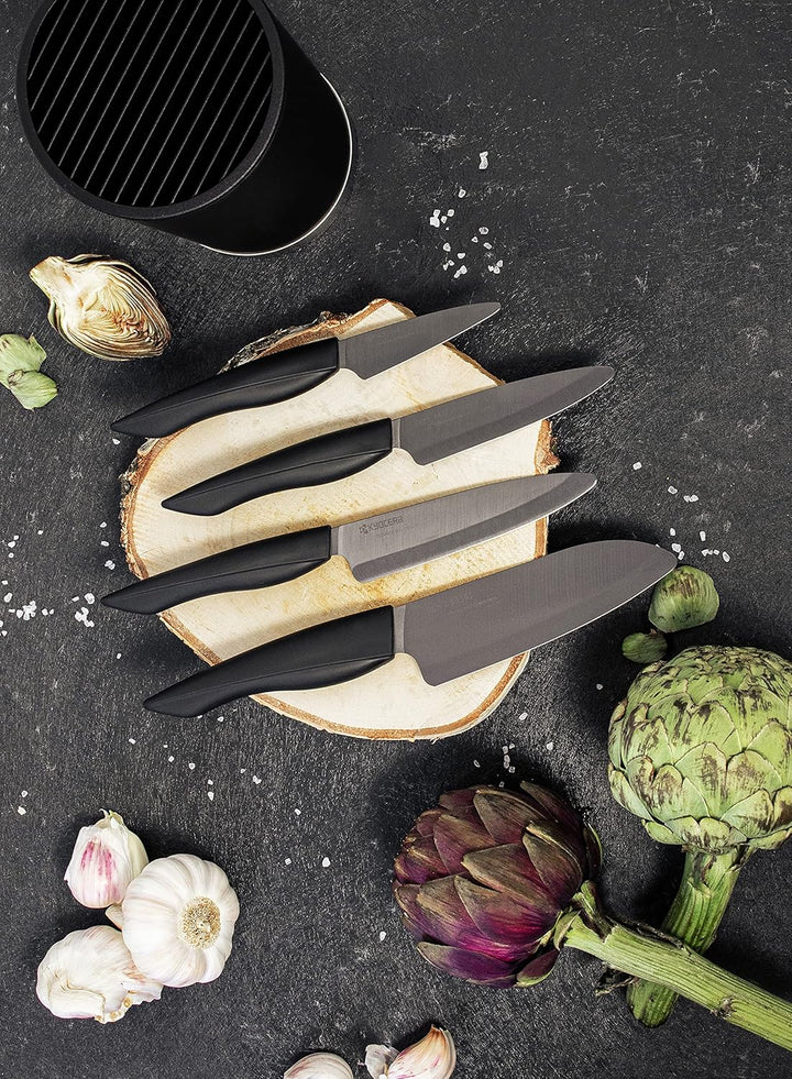 Kyocera Soft-Touch Messerblock Schwarz | 4 SHIN Keramik Messer | Santoku, Universalmesser, Gemüsemes