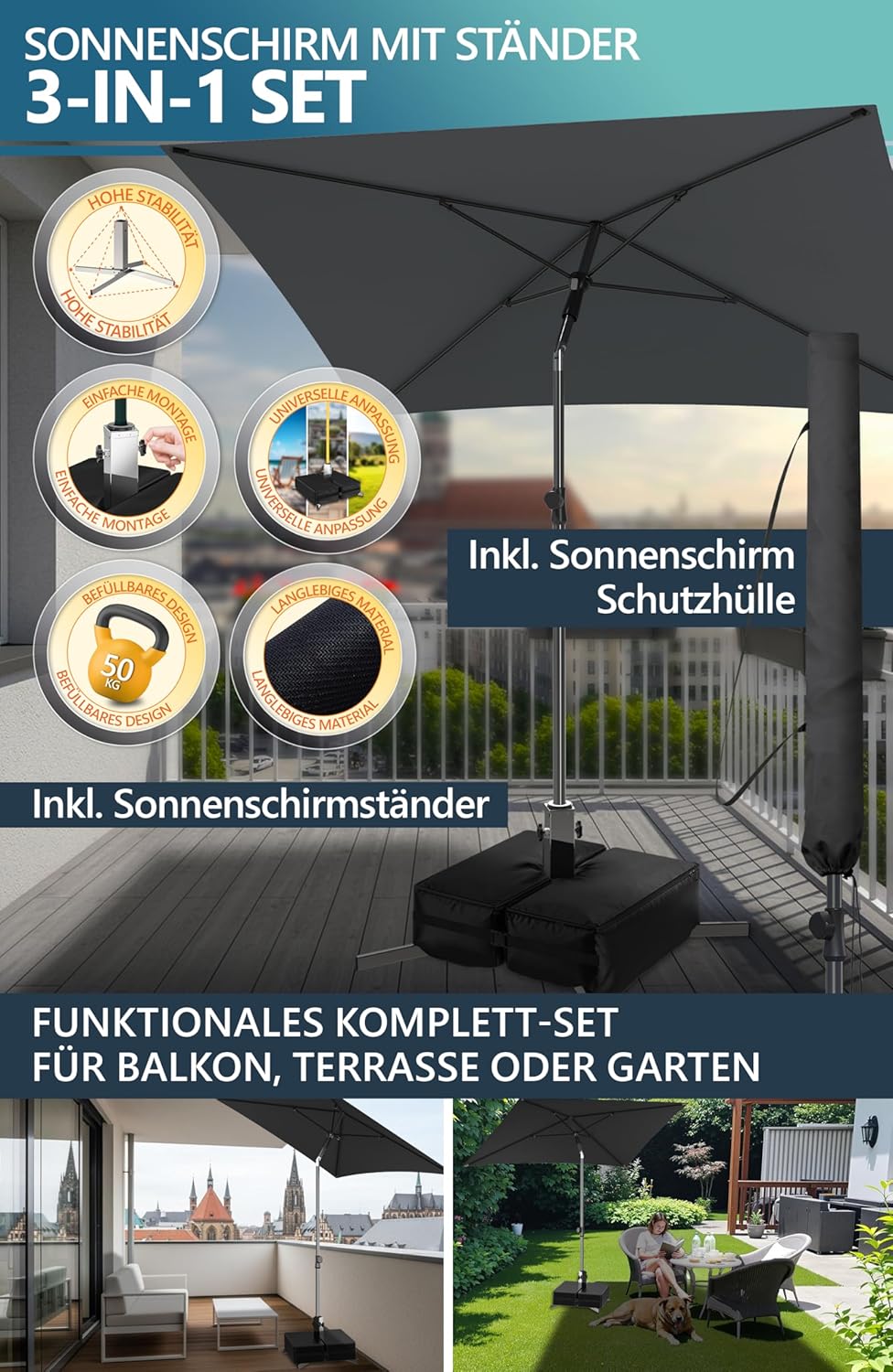 4smile Sonnenschutz Balkon Set 3-teilig,Sonnenschirm rechteckig 200x125cm + Sonnenschirmständer + Sc