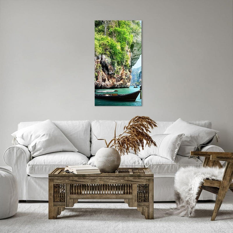 Bilder auf Leinwand 55x100cm Leinwandbild mit Rahmen Boot Klippen Natur Felsen Gross Wanddeko Bild S