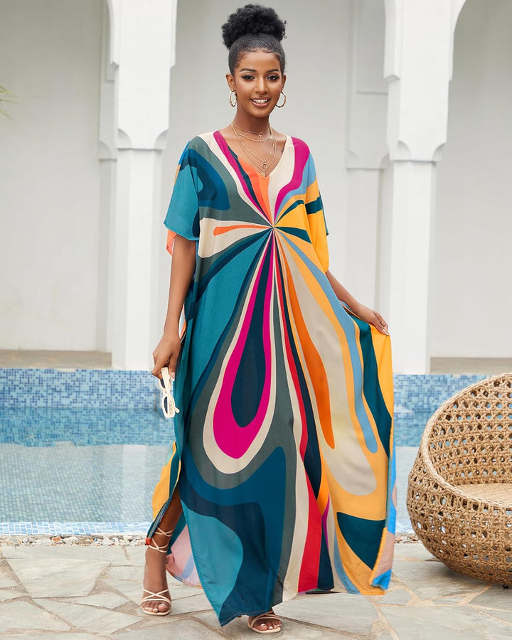 Bsubseach Damen Strandkleid Ethnic Print Kaftan Beach Maxi Kleider Blaue Geometrie, Blaue Geometrie