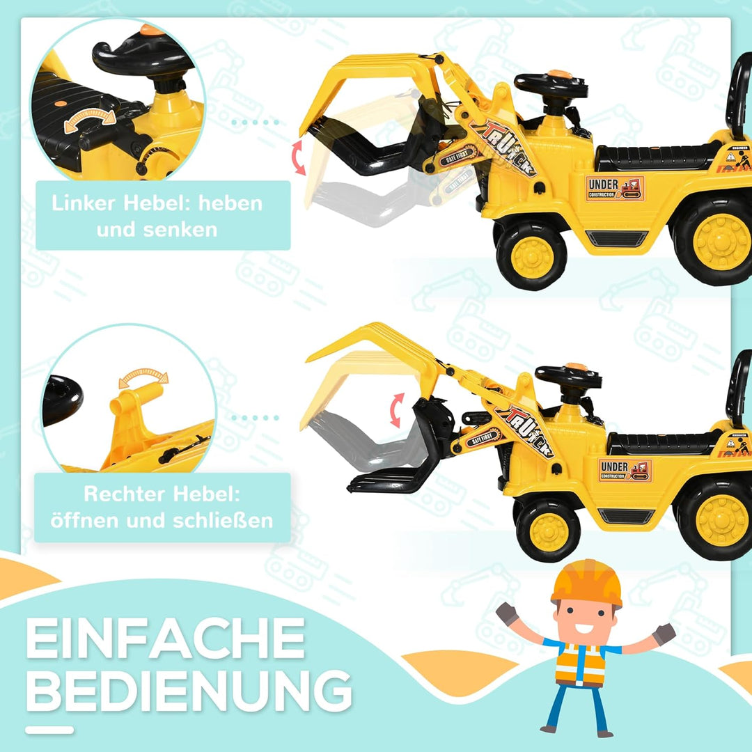 HOMCOM Sitzbagger Aufsitzbagger mit drehbarer Verstellbarer Schaufel, Hupe Kinderbagger mit Stauraum