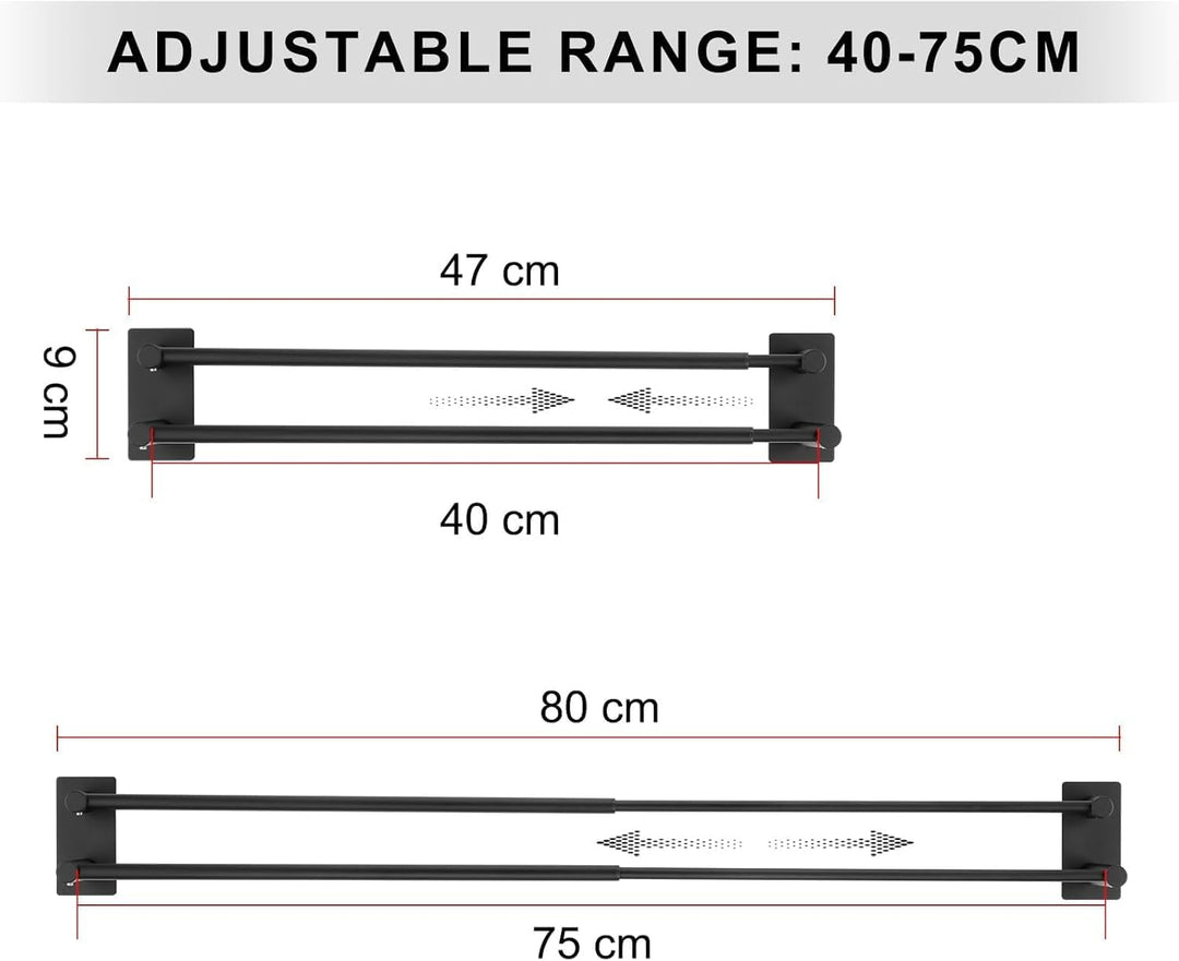 Handtuchhalter Verstellbar 40-75CM Ohne Bohren Doppelt Handtuchstange Selbstklebend Wandmontage 304