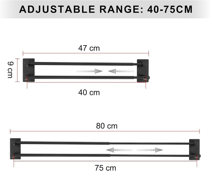 Handtuchhalter Verstellbar 40-75CM Ohne Bohren Doppelt Handtuchstange Selbstklebend Wandmontage 304