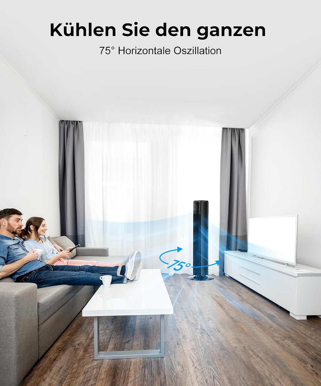 PNTCK Turmventilator, Ventilator leise mit Fernbedienung, 90° oszillierender Standventilator mit 4 G
