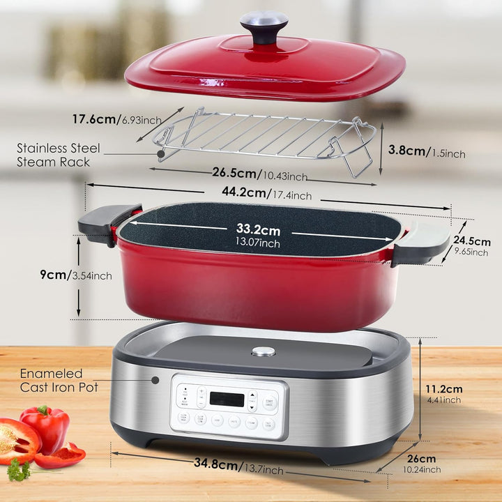 Homtone Slow Cooker Schongarer 6-in-1, 5,5L Multikocher Programmierbarer Abnehmbarer Emaille-Schmort