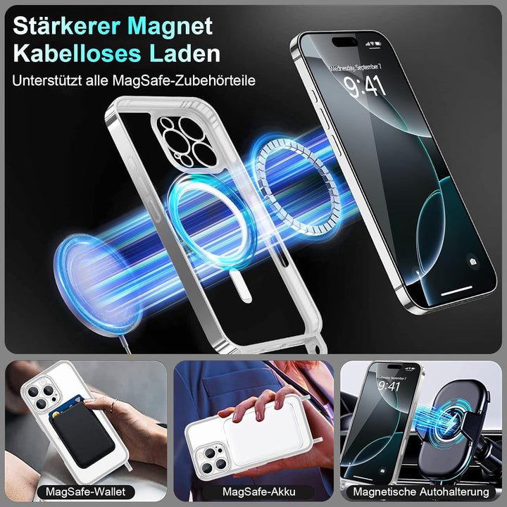 Ethanger Handykette für iPhone 16 Pro Max Hülle mit Band + 2 Stück Glas Schutzfolie Transparent Sili