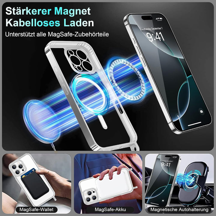 Handyband für iPhone 16 Pro Hülle mit Band + 2 Stück Glas Schutzfolie Transparent Silikon Handyhülle
